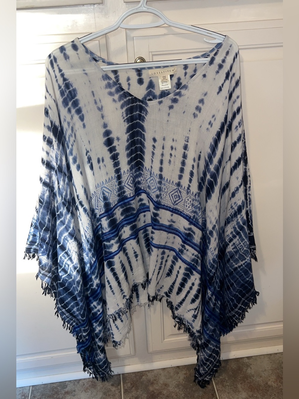 Lovestitch Blue Tie Dye Fringe Poncho Top One Size Boho 100% Cotton - Picture 3 of 5